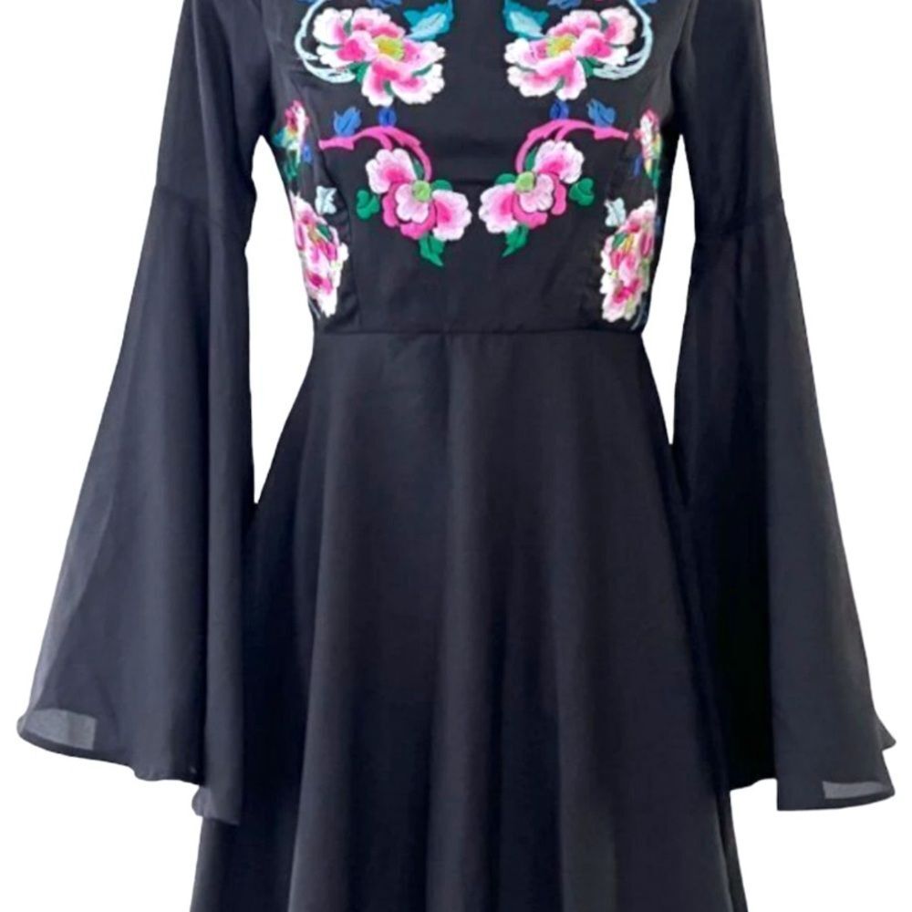 NWT ASOS Black Dress with Floral Bird Embroidery size 10 - Picture 2 of 11